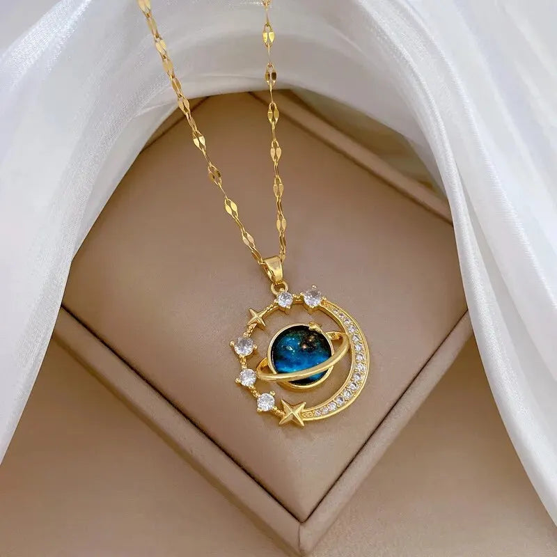 Collier de la série Star Series en acier au titane pour femme, pendentif planète lune et astronome, colliers de la présidence, cadeaux de bijoux, document doré, luxe abordable