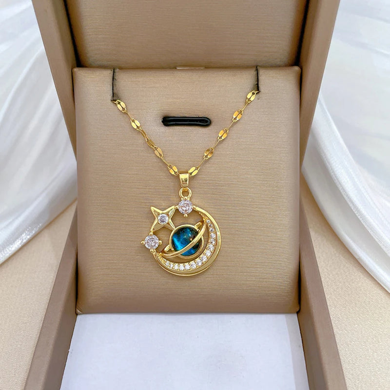 Collier de la série Star Series en acier au titane pour femme, pendentif planète lune et astronome, colliers de la présidence, cadeaux de bijoux, document doré, luxe abordable
