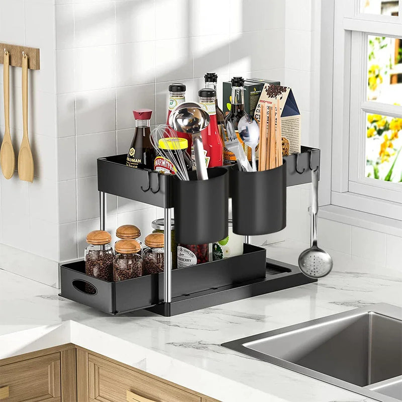Organisateur sous évier à 2 niveaux, armoire coulissante, panier, support de rangement avec crochets, tasse suspendue, organisateur de salle de bains et de cuisine