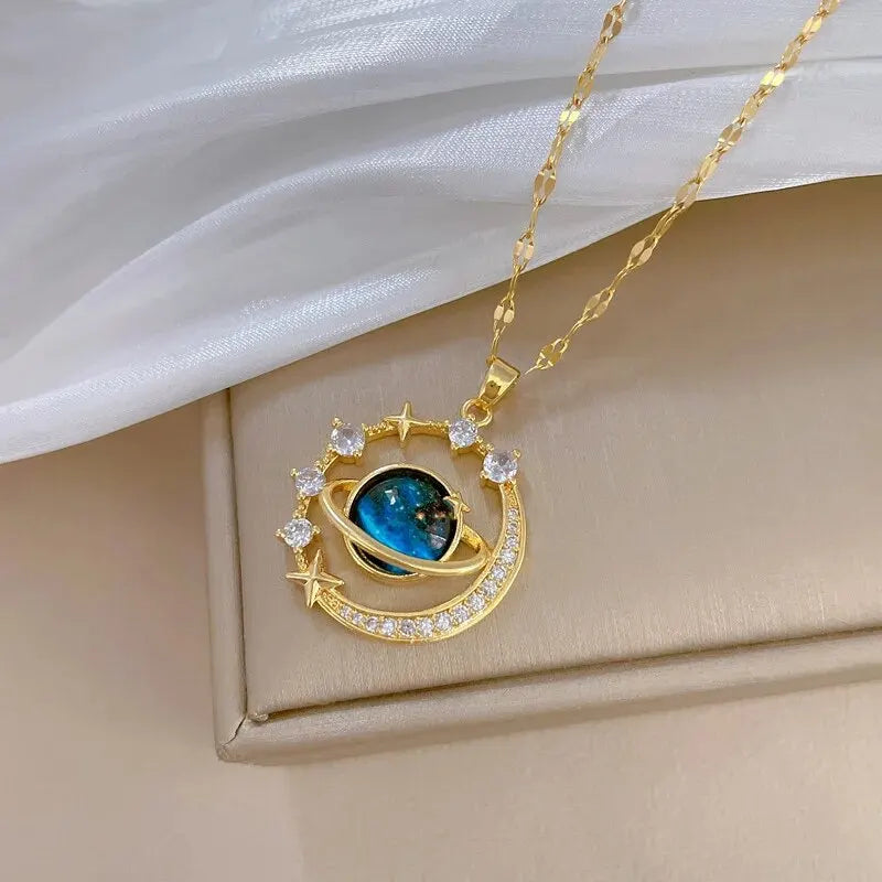 Collier de la série Star Series en acier au titane pour femme, pendentif planète lune et astronome, colliers de la présidence, cadeaux de bijoux, document doré, luxe abordable