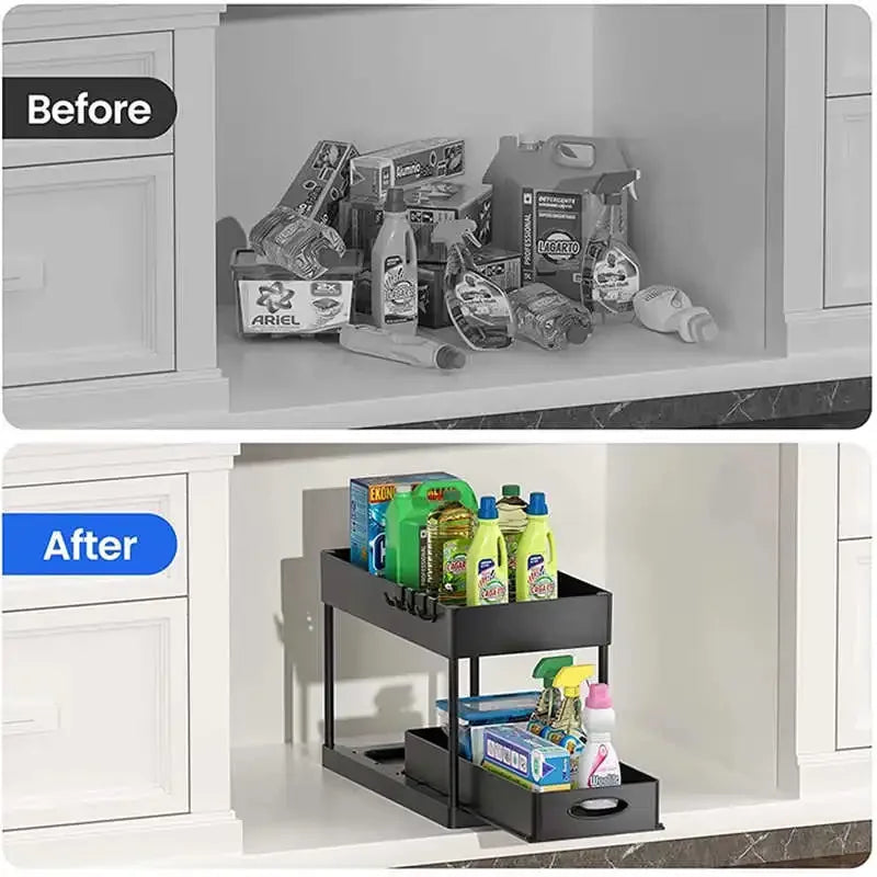 Organisateur sous évier à 2 niveaux, armoire coulissante, panier, support de rangement avec crochets, tasse suspendue, organisateur de salle de bains et de cuisine