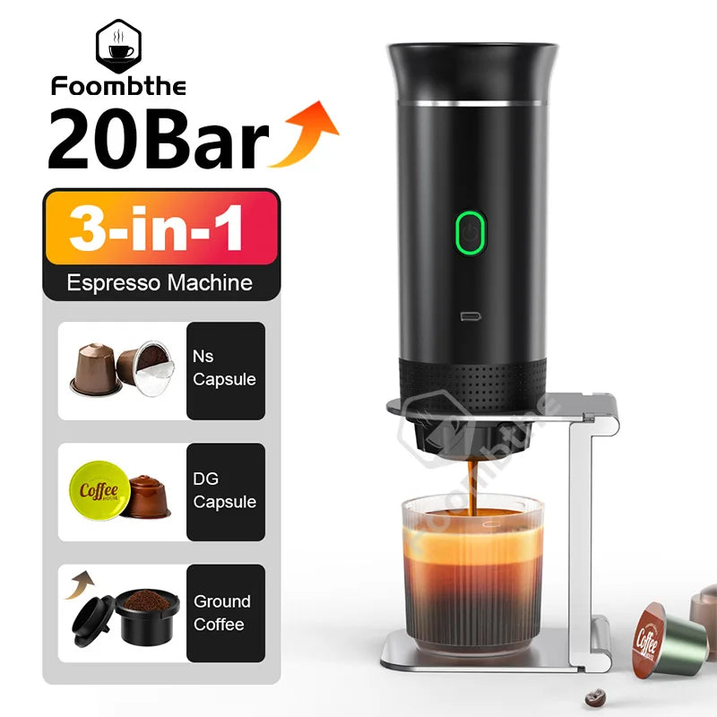 Machine à café expresso électrique Portable sans fil, pour voiture et maison, Camping, 3 en 1, capsules de poudre, cafetière de voyage