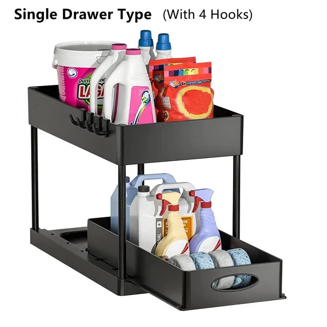 Organisateur sous évier à 2 niveaux, armoire coulissante, panier, support de rangement avec crochets, tasse suspendue, organisateur de salle de bains et de cuisine