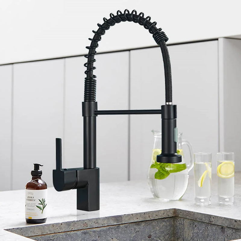 Robinet de cuisine en Nickel brossé, robinet d'évier à une poignée, robinet d'eau chaude et froide à ressort, pulvérisateur à jet monté sur le pont en acier inoxydable