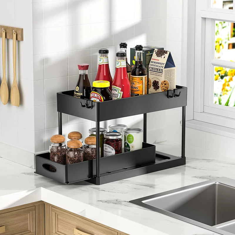 Organisateur sous évier à 2 niveaux, armoire coulissante, panier, support de rangement avec crochets, tasse suspendue, organisateur de salle de bains et de cuisine