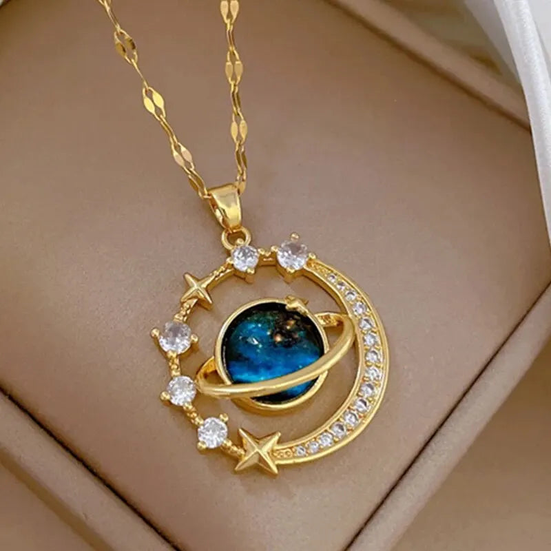 Collier de la série Star Series en acier au titane pour femme, pendentif planète lune et astronome, colliers de la présidence, cadeaux de bijoux, document doré, luxe abordable