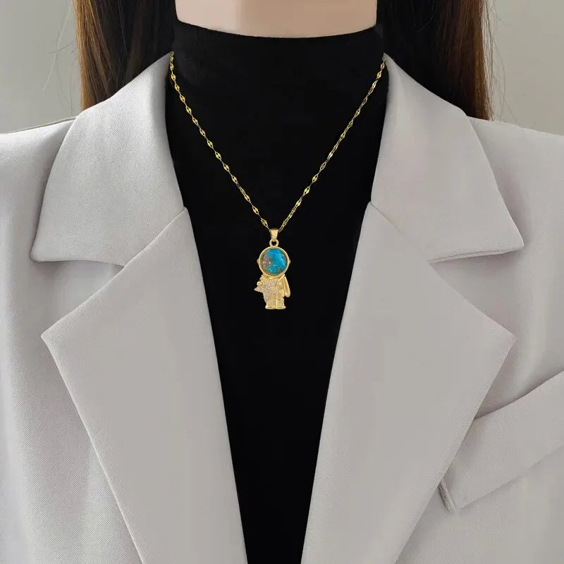 Collier de la série Star Series en acier au titane pour femme, pendentif planète lune et astronome, colliers de la présidence, cadeaux de bijoux, document doré, luxe abordable