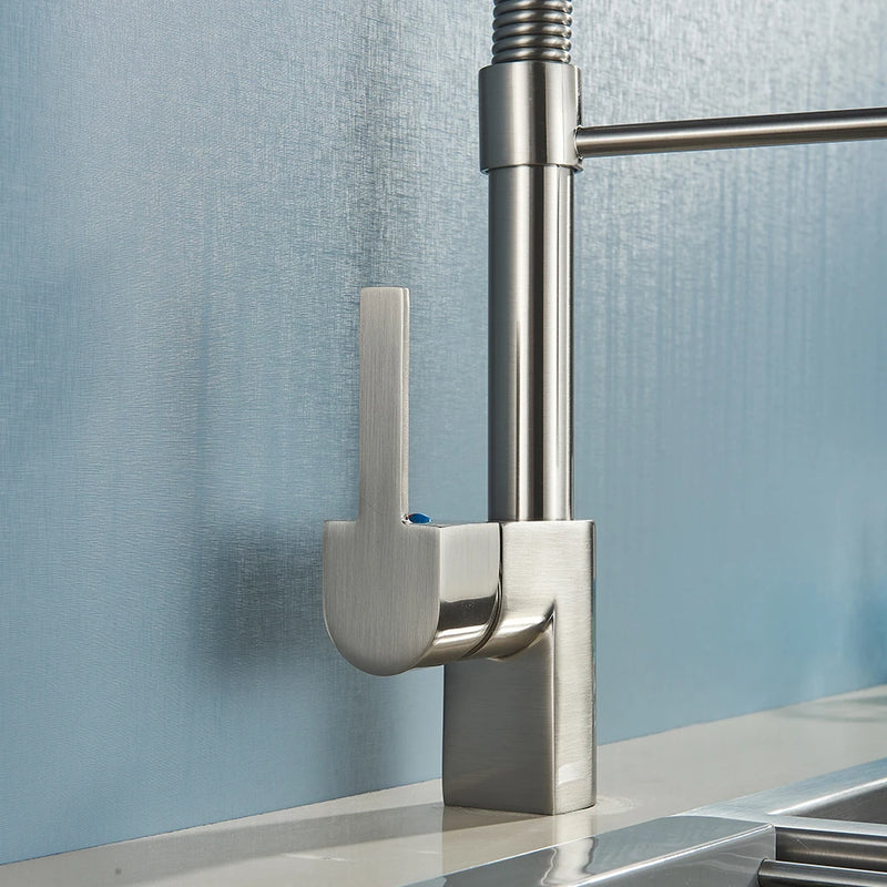 Robinet de cuisine en Nickel brossé, robinet d'évier à une poignée, robinet d'eau chaude et froide à ressort, pulvérisateur à jet monté sur le pont en acier inoxydable