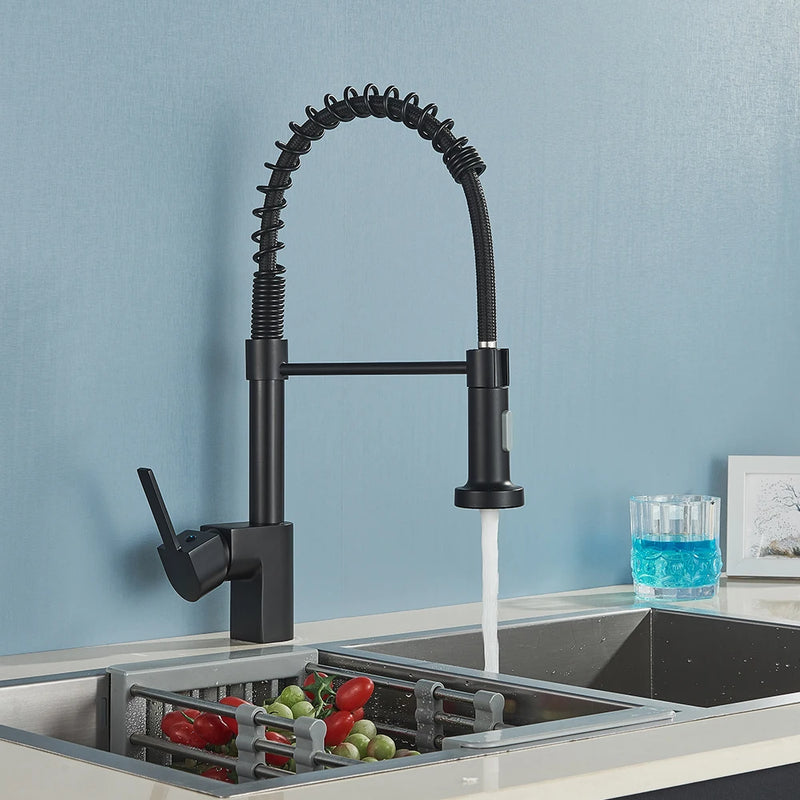 Robinet de cuisine en Nickel brossé, robinet d'évier à une poignée, robinet d'eau chaude et froide à ressort, pulvérisateur à jet monté sur le pont en acier inoxydable