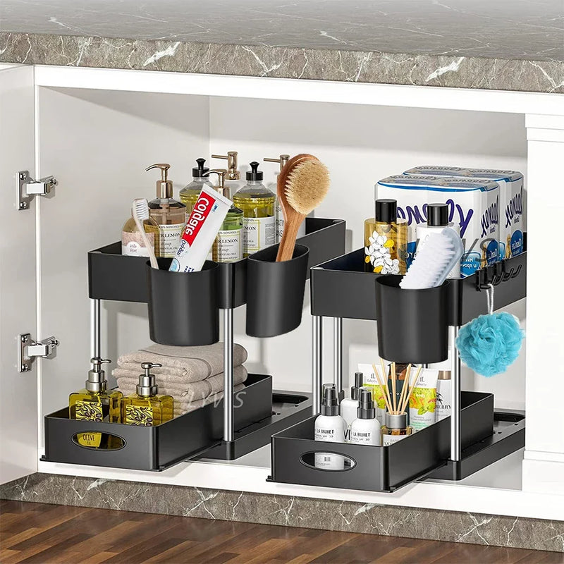 Organisateur sous évier à 2 niveaux, armoire coulissante, panier, support de rangement avec crochets, tasse suspendue, organisateur de salle de bains et de cuisine