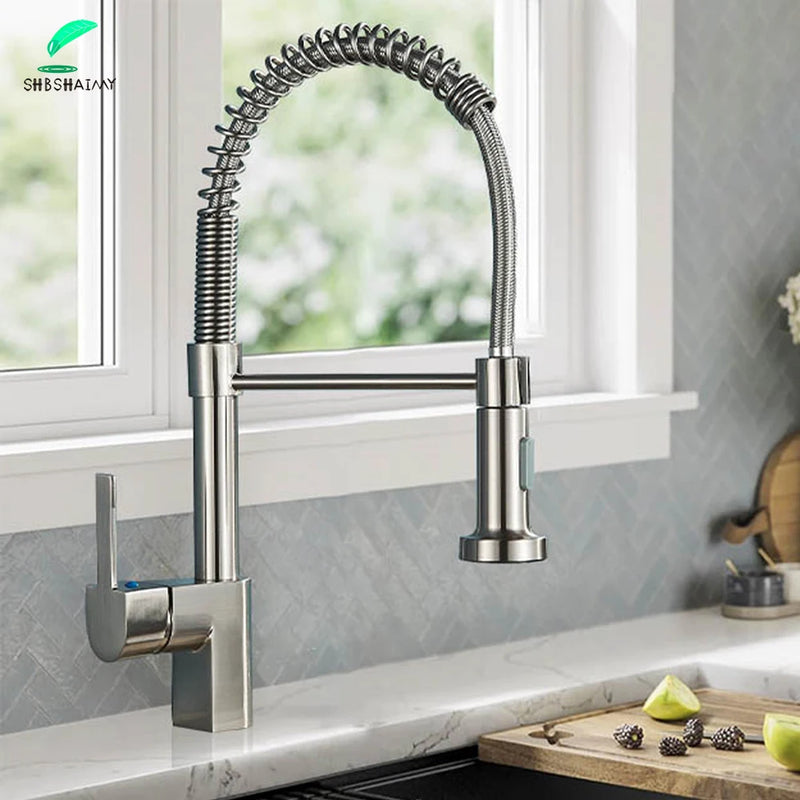 Robinet de cuisine en Nickel brossé, robinet d'évier à une poignée, robinet d'eau chaude et froide à ressort, pulvérisateur à jet monté sur le pont en acier inoxydable