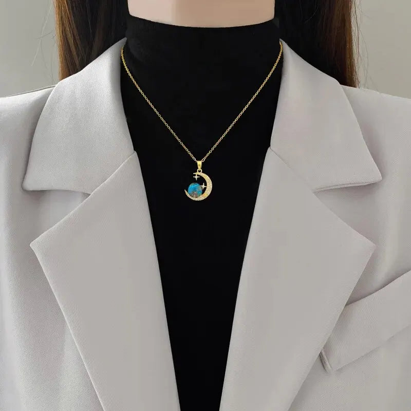 Collier de la série Star Series en acier au titane pour femme, pendentif planète lune et astronome, colliers de la présidence, cadeaux de bijoux, document doré, luxe abordable