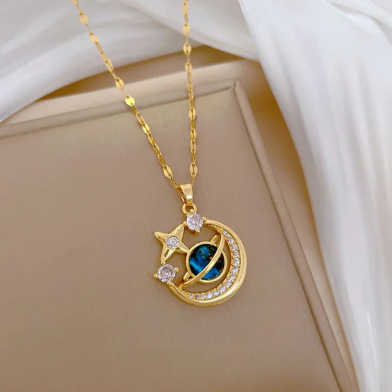 Collier de la série Star Series en acier au titane pour femme, pendentif planète lune et astronome, colliers de la présidence, cadeaux de bijoux, document doré, luxe abordable