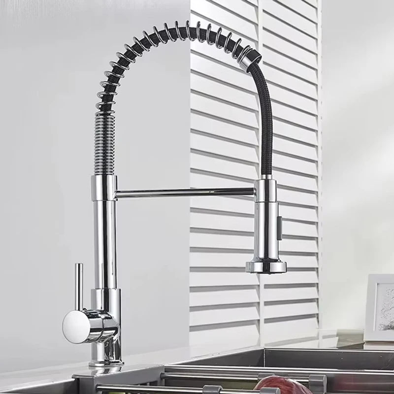 Robinet de cuisine en Nickel brossé, robinet d'évier à une poignée, robinet d'eau chaude et froide à ressort, pulvérisateur à jet monté sur le pont en acier inoxydable
