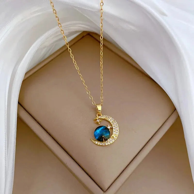 Collier de la série Star Series en acier au titane pour femme, pendentif planète lune et astronome, colliers de la présidence, cadeaux de bijoux, document doré, luxe abordable