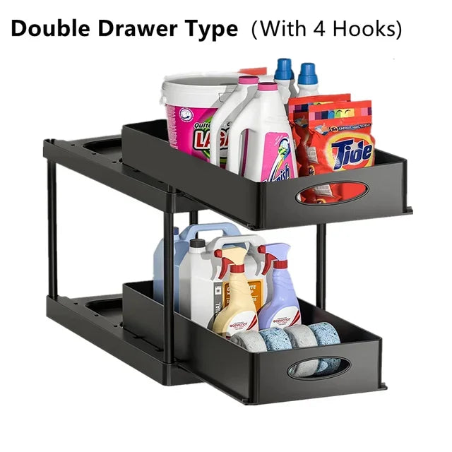 Organisateur sous évier à 2 niveaux, armoire coulissante, panier, support de rangement avec crochets, tasse suspendue, organisateur de salle de bains et de cuisine