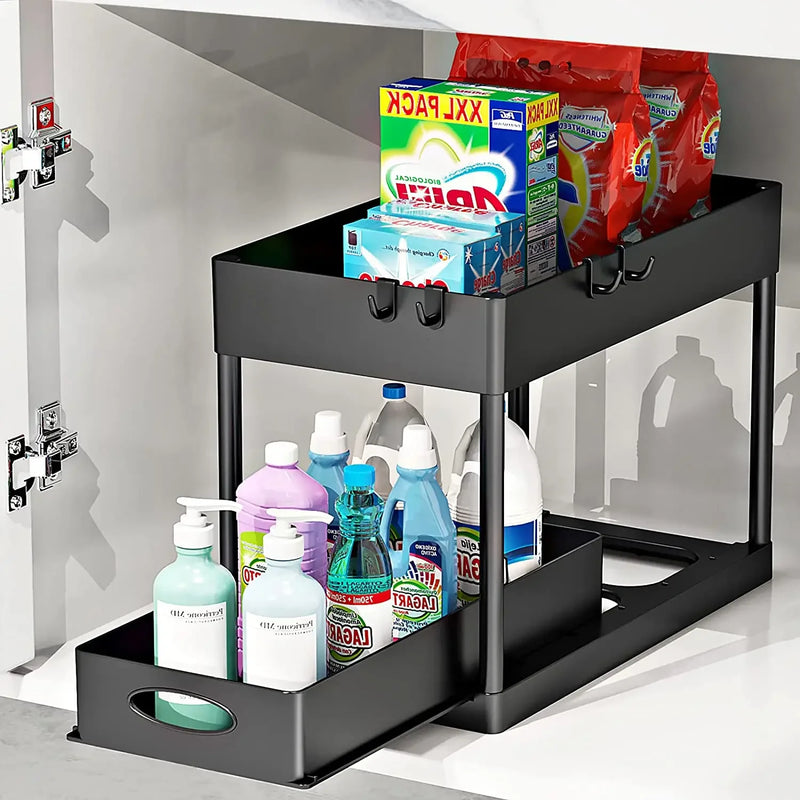Organisateur sous évier à 2 niveaux, armoire coulissante, panier, support de rangement avec crochets, tasse suspendue, organisateur de salle de bains et de cuisine