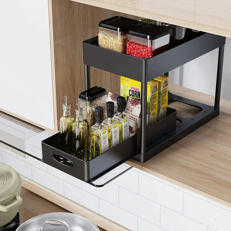 Organisateur sous évier à 2 niveaux, armoire coulissante, panier, support de rangement avec crochets, tasse suspendue, organisateur de salle de bains et de cuisine