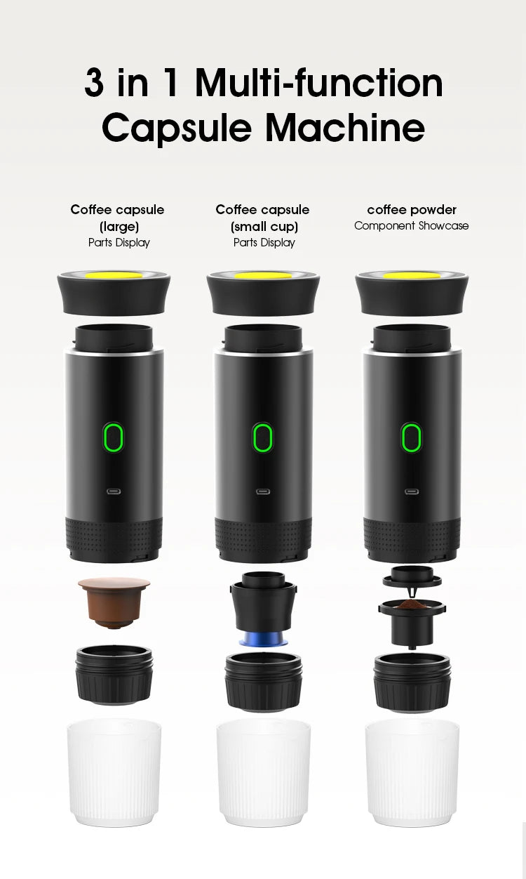 Machine à café expresso électrique Portable sans fil, pour voiture et maison, Camping, 3 en 1, capsules de poudre, cafetière de voyage