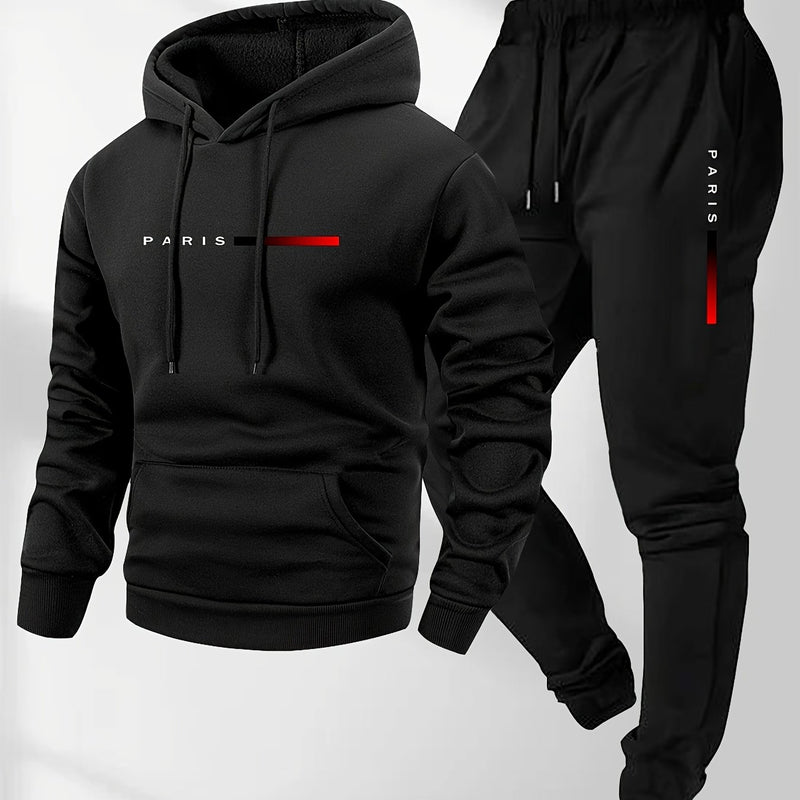 Men's Hoodie and Drawstring Sweatpants Set with PARIS Letter Print
