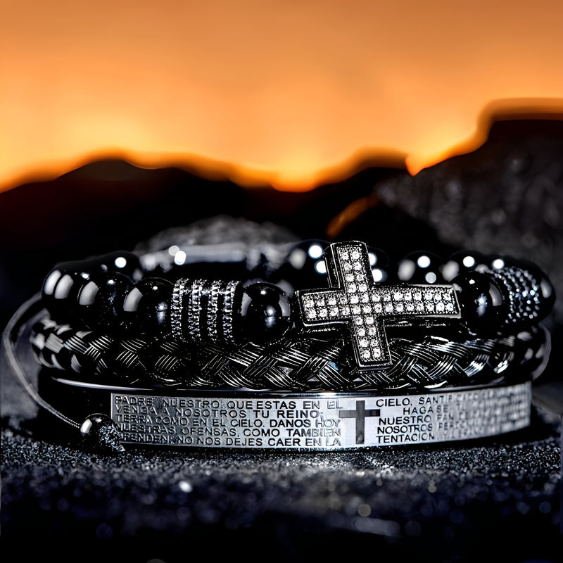 Men'S Bead Bracelet Set with Micro-Encrusted Cross, Woven Bracelet Spanish Bible Cross Bracelet Set European Vintage Style