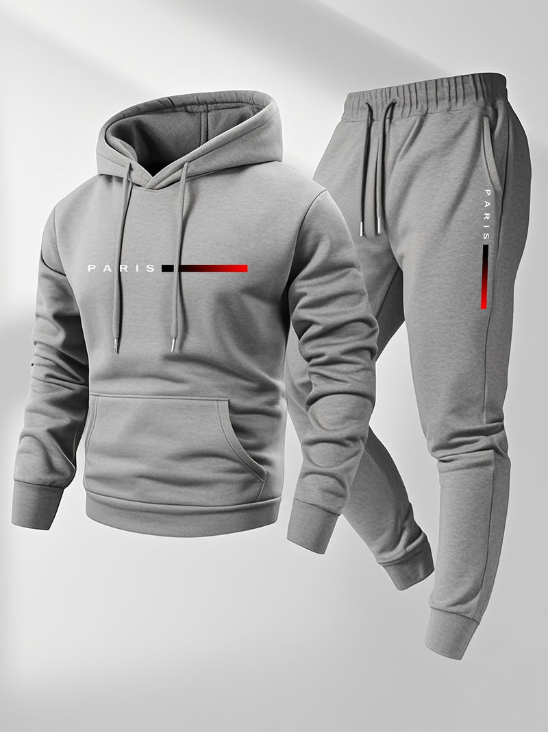 Men's Hoodie and Drawstring Sweatpants Set with PARIS Letter Print