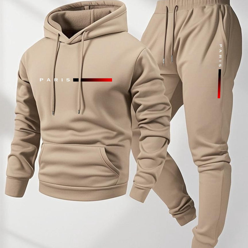 Men's Hoodie and Drawstring Sweatpants Set with PARIS Letter Print