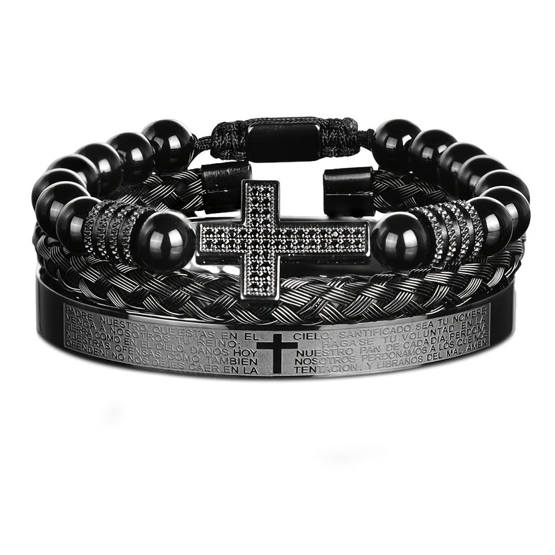 Men'S Bead Bracelet Set with Micro-Encrusted Cross, Woven Bracelet Spanish Bible Cross Bracelet Set European Vintage Style